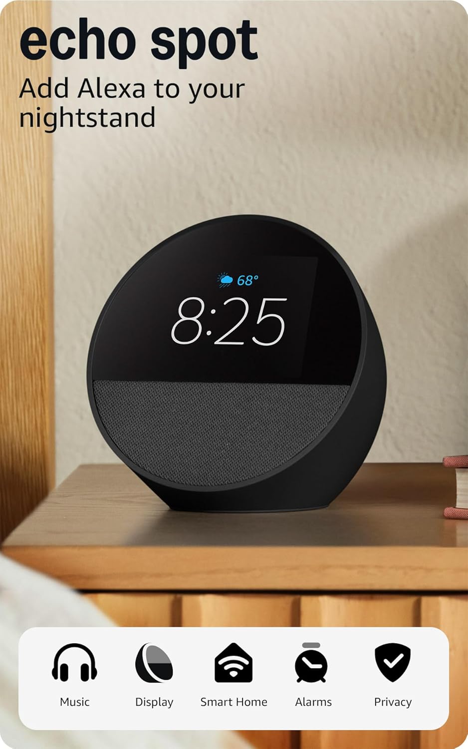 AMAZON ECHO SPOT SMART ALARM CLOCK WITH ALEXA BLACK